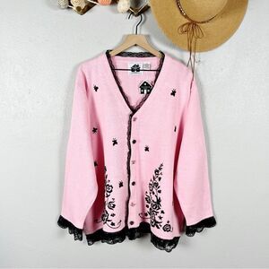 NWT Storybook Knits Pink Floral Embroidered Lace Trim Cardigan Sweater Size 3X
